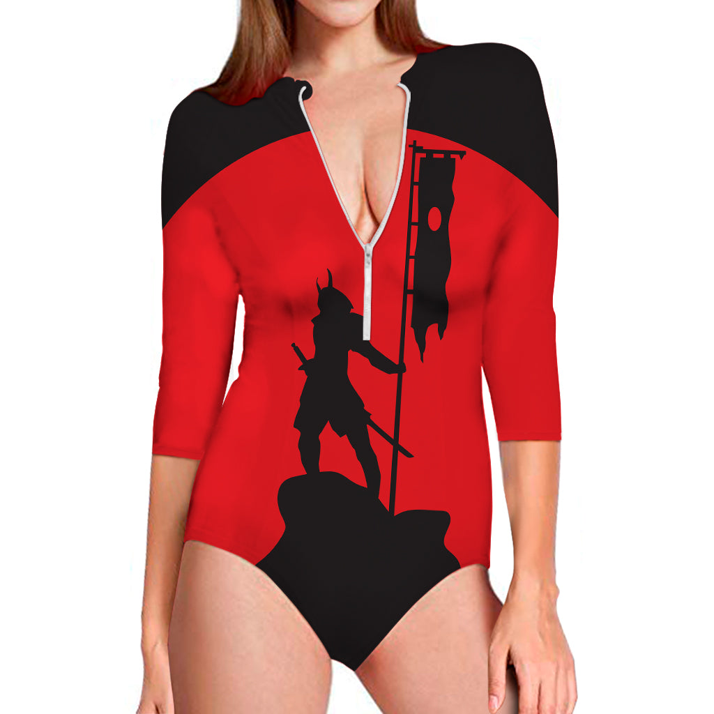 Red Sun Samurai Print Long Sleeve Swimsuit