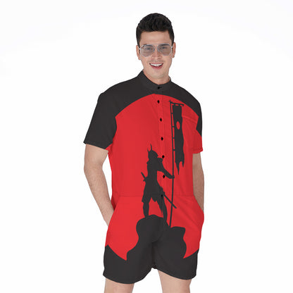 Red Sun Samurai Print Men's Rompers