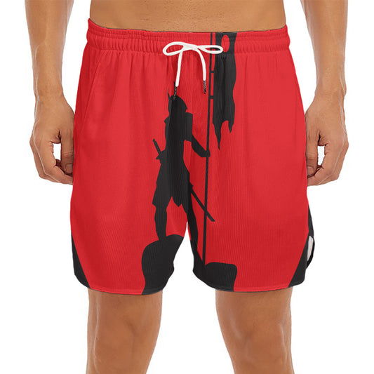 Red Sun Samurai Print Men's Split Running Shorts
