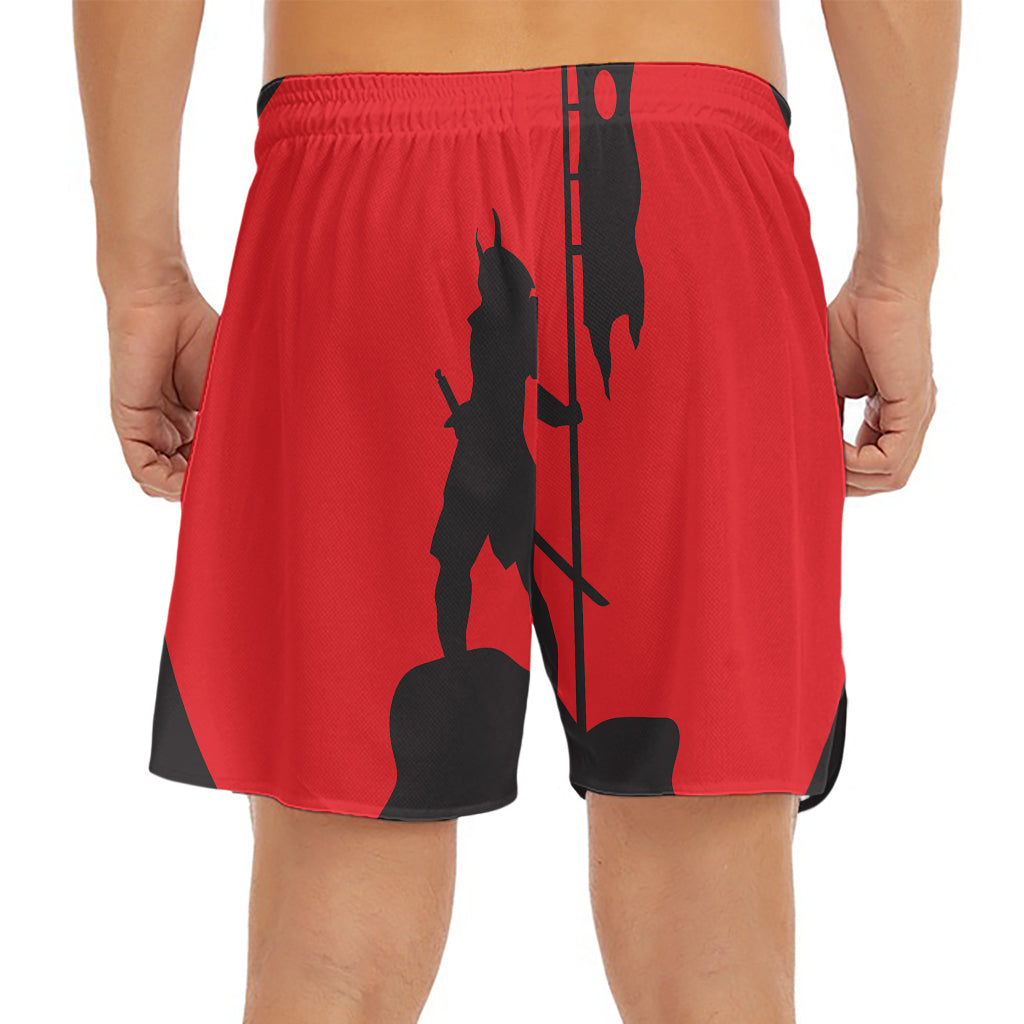 Red Sun Samurai Print Men's Split Running Shorts