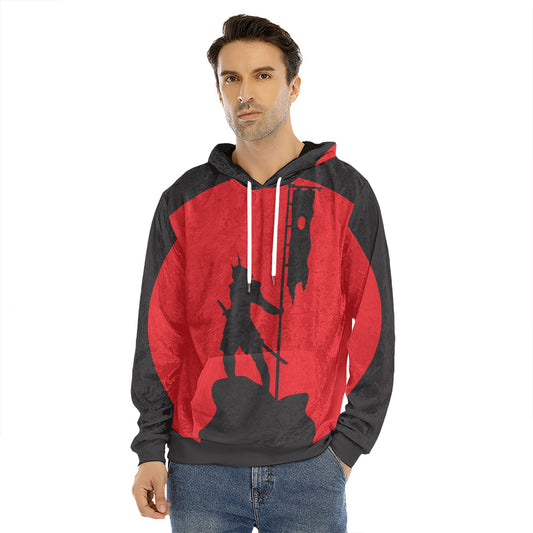 Red Sun Samurai Print Men's Velvet Pullover Hoodie