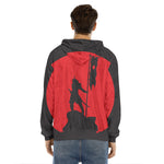 Red Sun Samurai Print Men's Velvet Pullover Hoodie