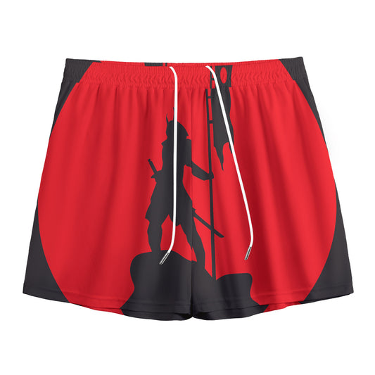 Red Sun Samurai Print Mesh Shorts