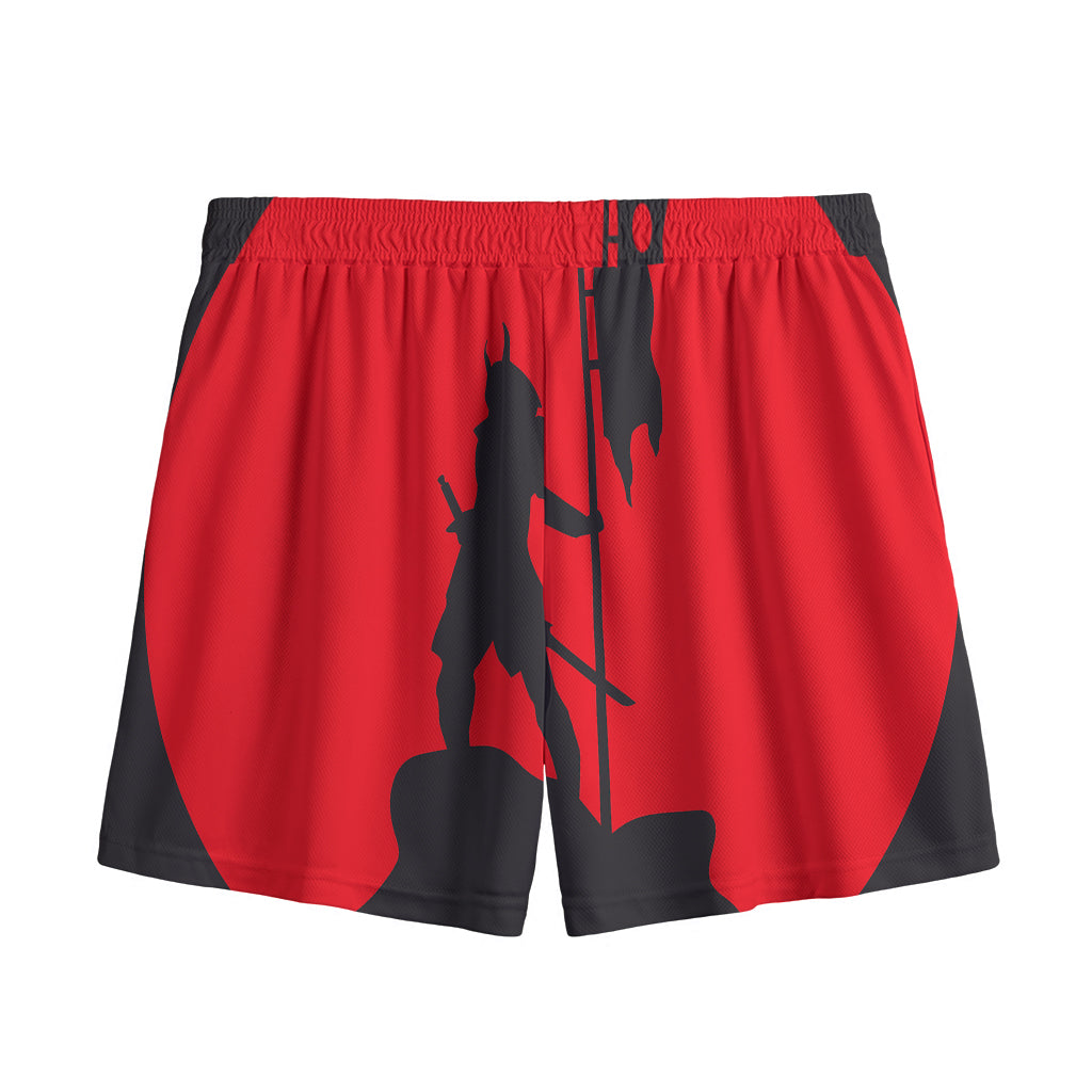 Red Sun Samurai Print Mesh Shorts