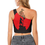 Red Sun Samurai Print One Shoulder Crop Top