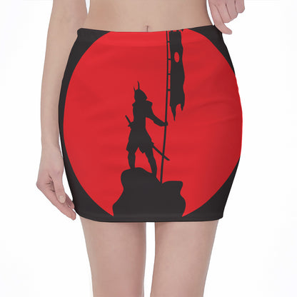 Red Sun Samurai Print Pencil Mini Skirt