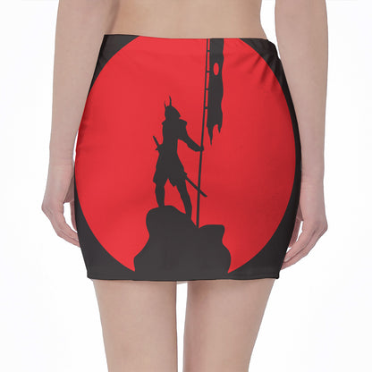 Red Sun Samurai Print Pencil Mini Skirt