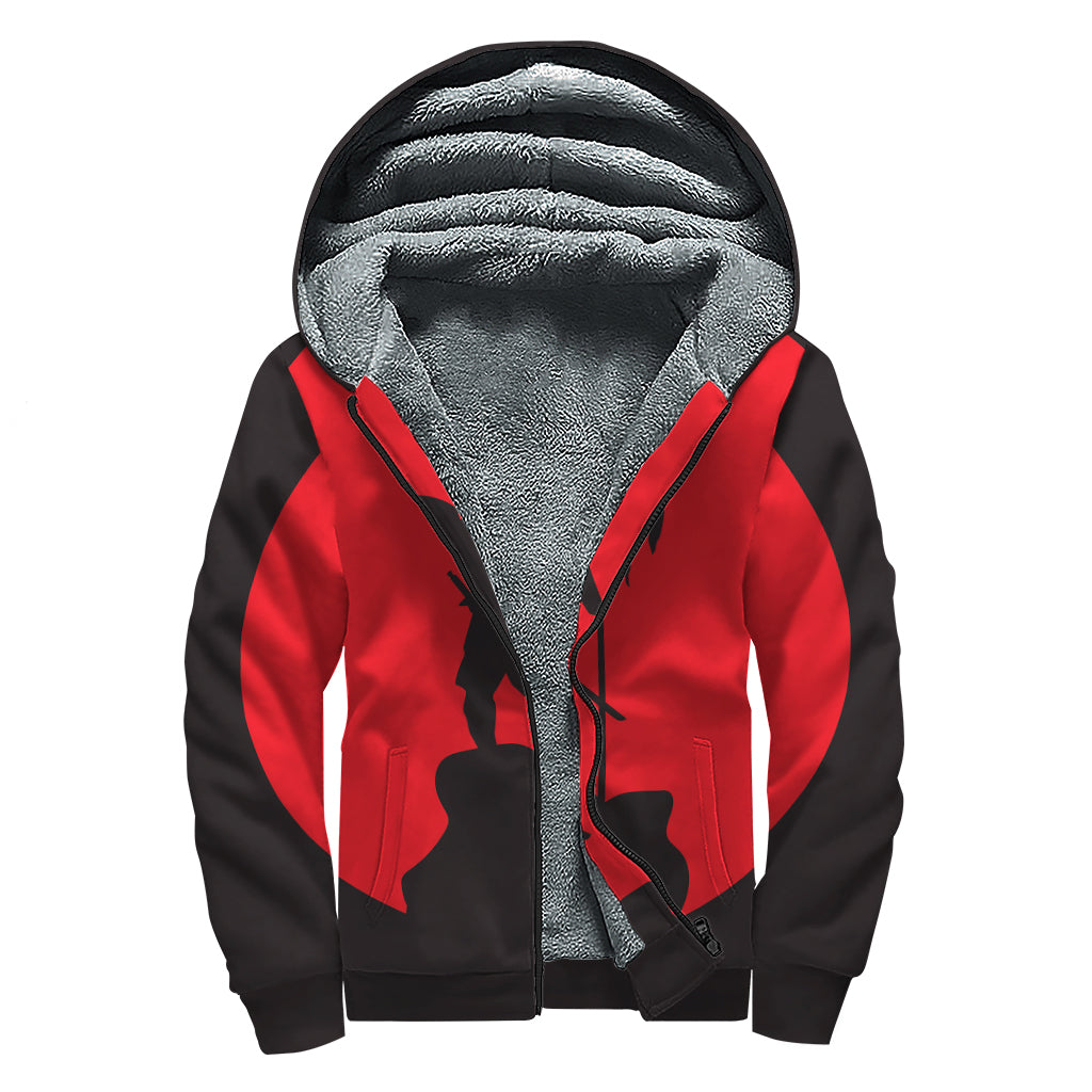 Red Sun Samurai Print Sherpa Lined Zip Up Hoodie
