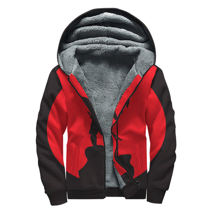 Red Sun Samurai Print Sherpa Lined Zip Up Hoodie