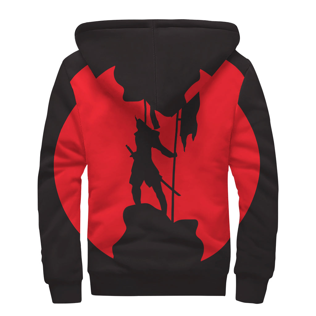 Red Sun Samurai Print Sherpa Lined Zip Up Hoodie