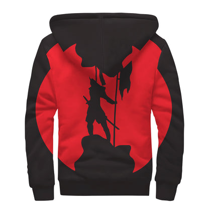 Red Sun Samurai Print Sherpa Lined Zip Up Hoodie