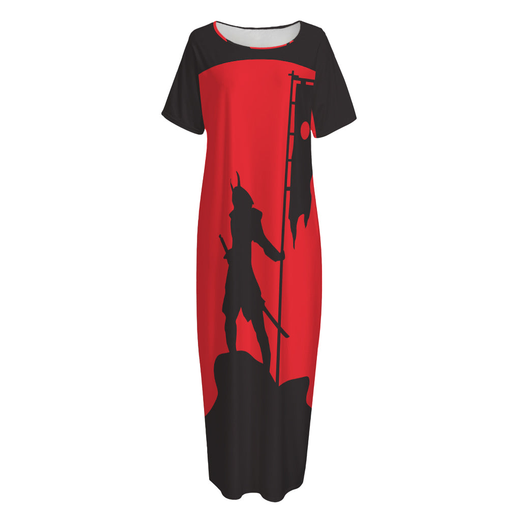 Red Sun Samurai Print Short Sleeve Long Nightdress