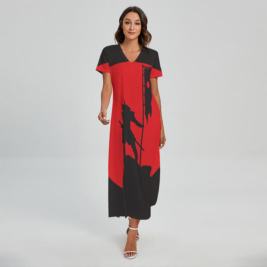 Red Sun Samurai Print Short Sleeve Maxi Dress