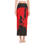 Red Sun Samurai Print Side Slit Maxi Skirt