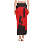 Red Sun Samurai Print Side Slit Maxi Skirt