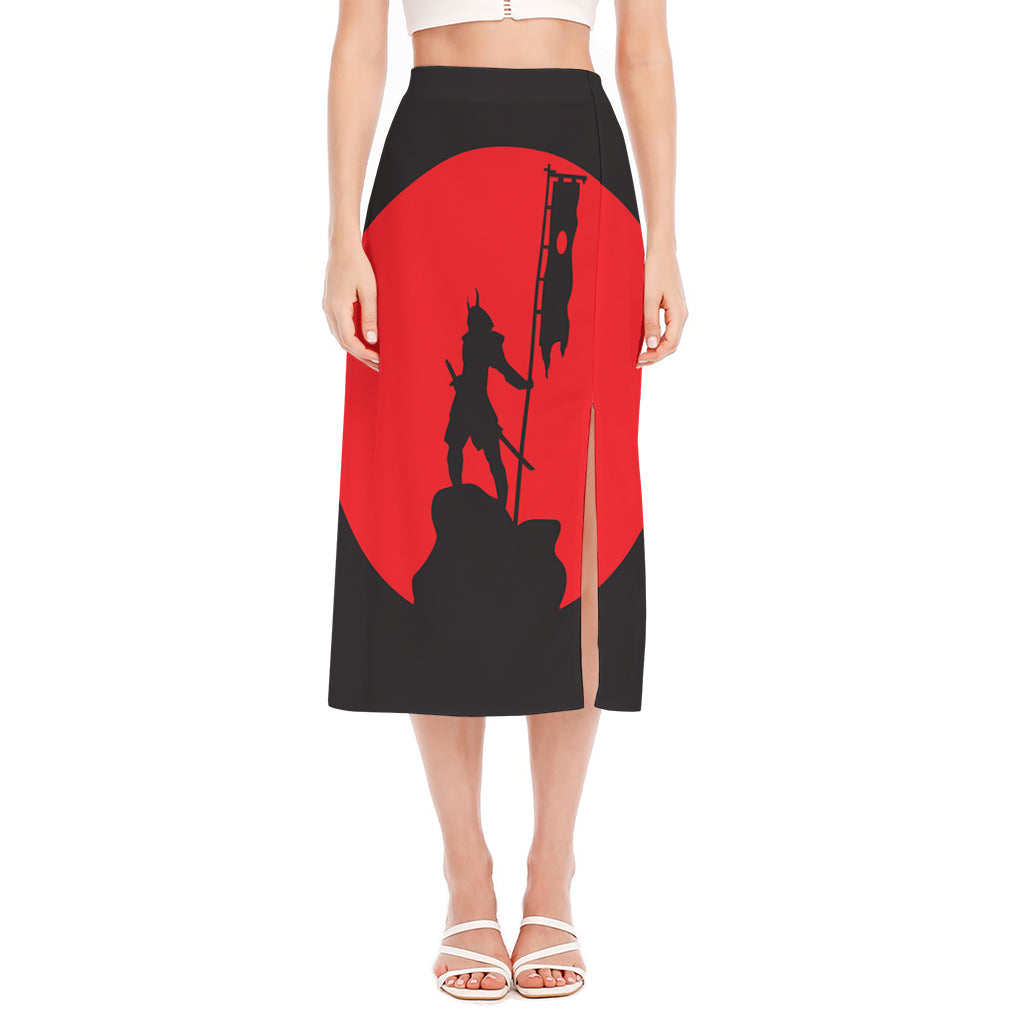 Red Sun Samurai Print Side Slit Midi Skirt