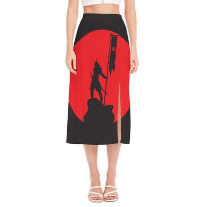 Red Sun Samurai Print Side Slit Midi Skirt