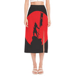 Red Sun Samurai Print Side Slit Midi Skirt
