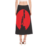 Red Sun Samurai Print Side Slit Midi Skirt