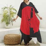 Red Sun Samurai Print Silk V-Neck Kaftan Dress