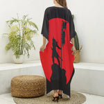 Red Sun Samurai Print Silk V-Neck Kaftan Dress