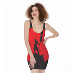 Red Sun Samurai Print Sleeveless Bodycon Dress