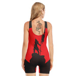 Red Sun Samurai Print Sleeveless One Piece Swimsuit