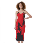 Red Sun Samurai Print Slim Fit Midi Cami Dress