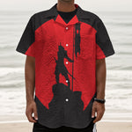 Red Sun Samurai Print Textured Short Sleeve Shirt