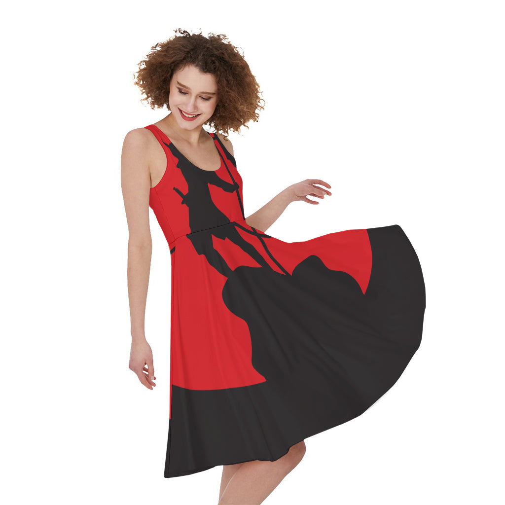 Red Sun Samurai Print Women's Sleeveless Dress