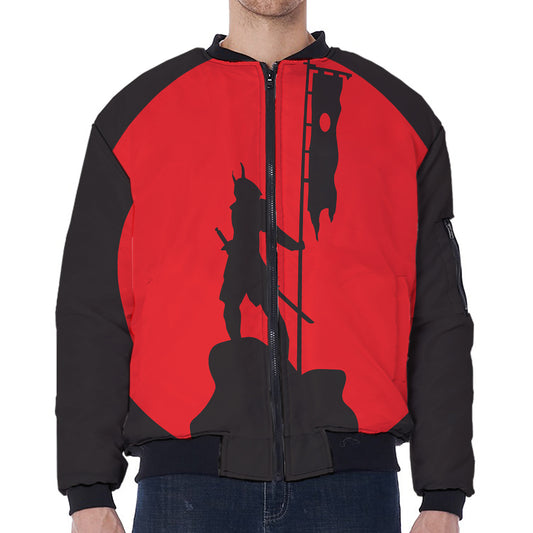 Red Sun Samurai Print Zip Sleeve Bomber Jacket