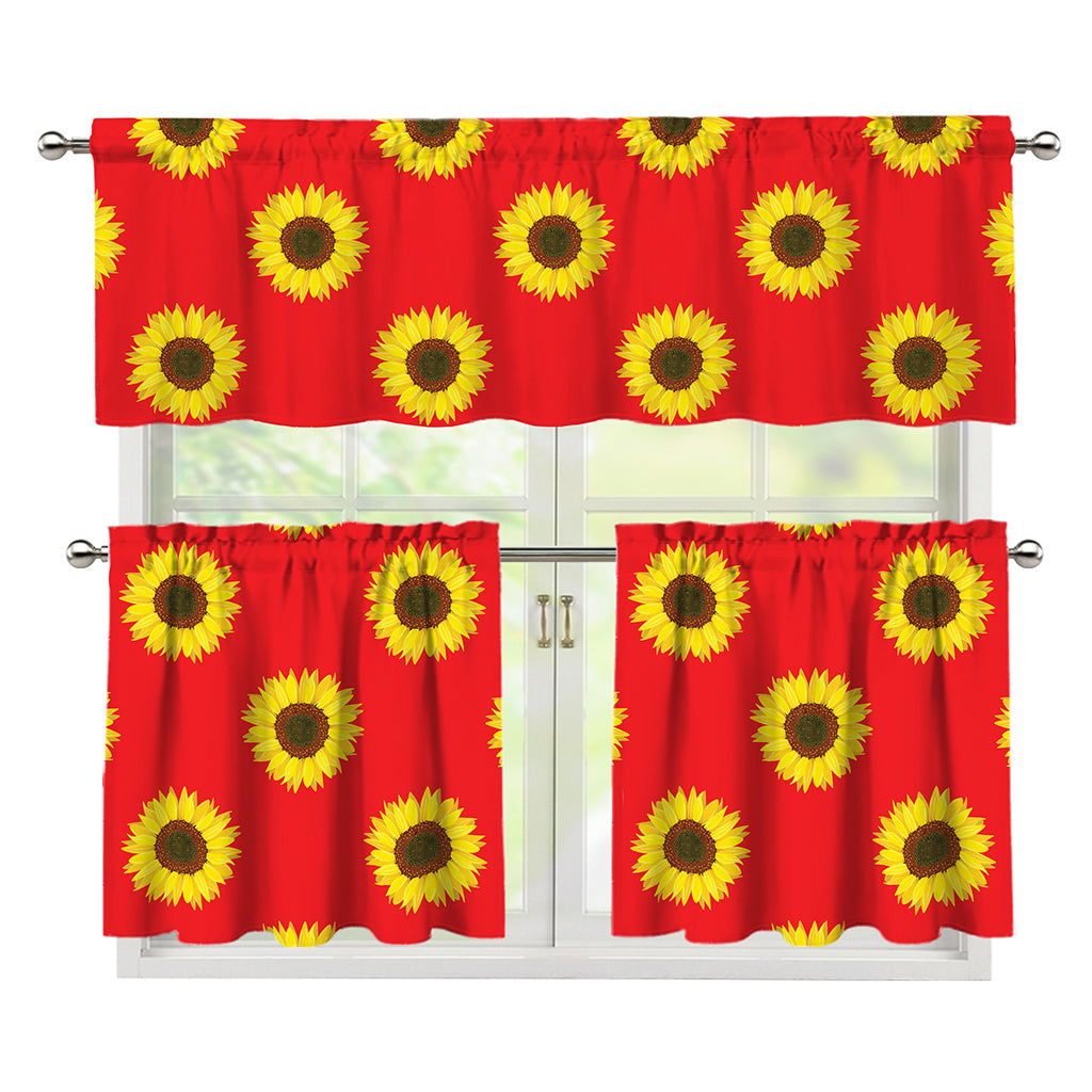 Red Sunflower Pattern Print 3 Piece Kitchen Curtains