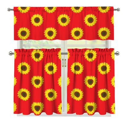 Red Sunflower Pattern Print 3 Piece Kitchen Curtains