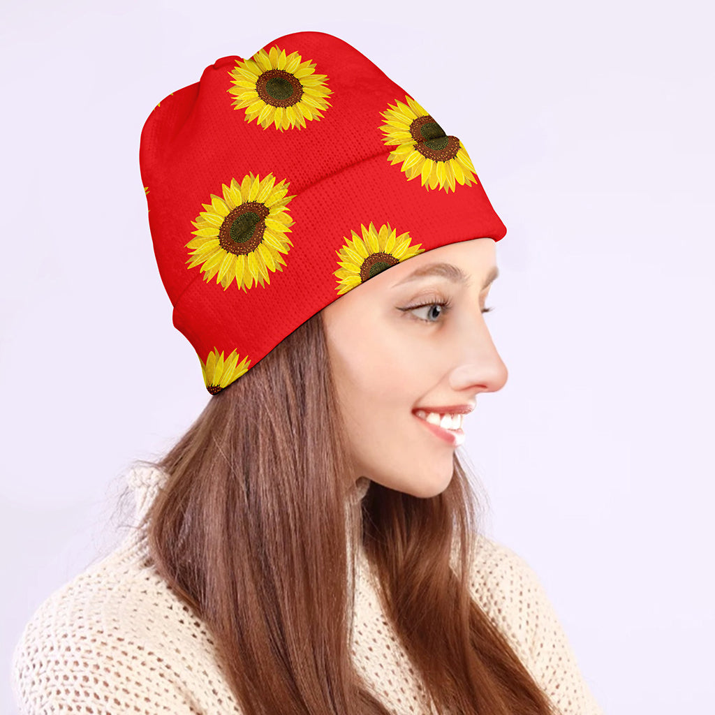 Red Sunflower Pattern Print Beanie
