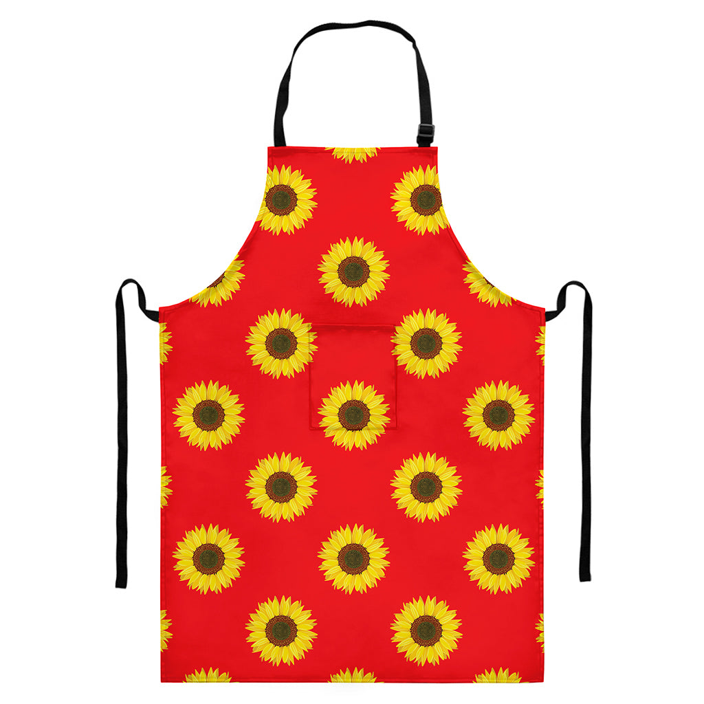 Red Sunflower Pattern Print Bib Apron With Pocket