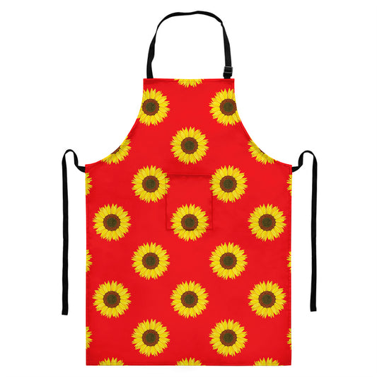 Red Sunflower Pattern Print Bib Apron With Pocket