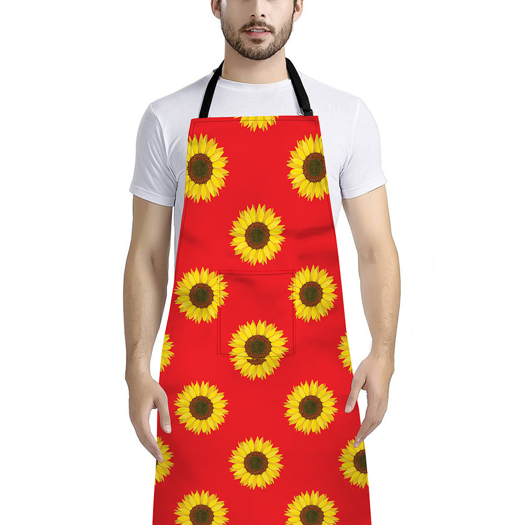 Red Sunflower Pattern Print Bib Apron With Pocket