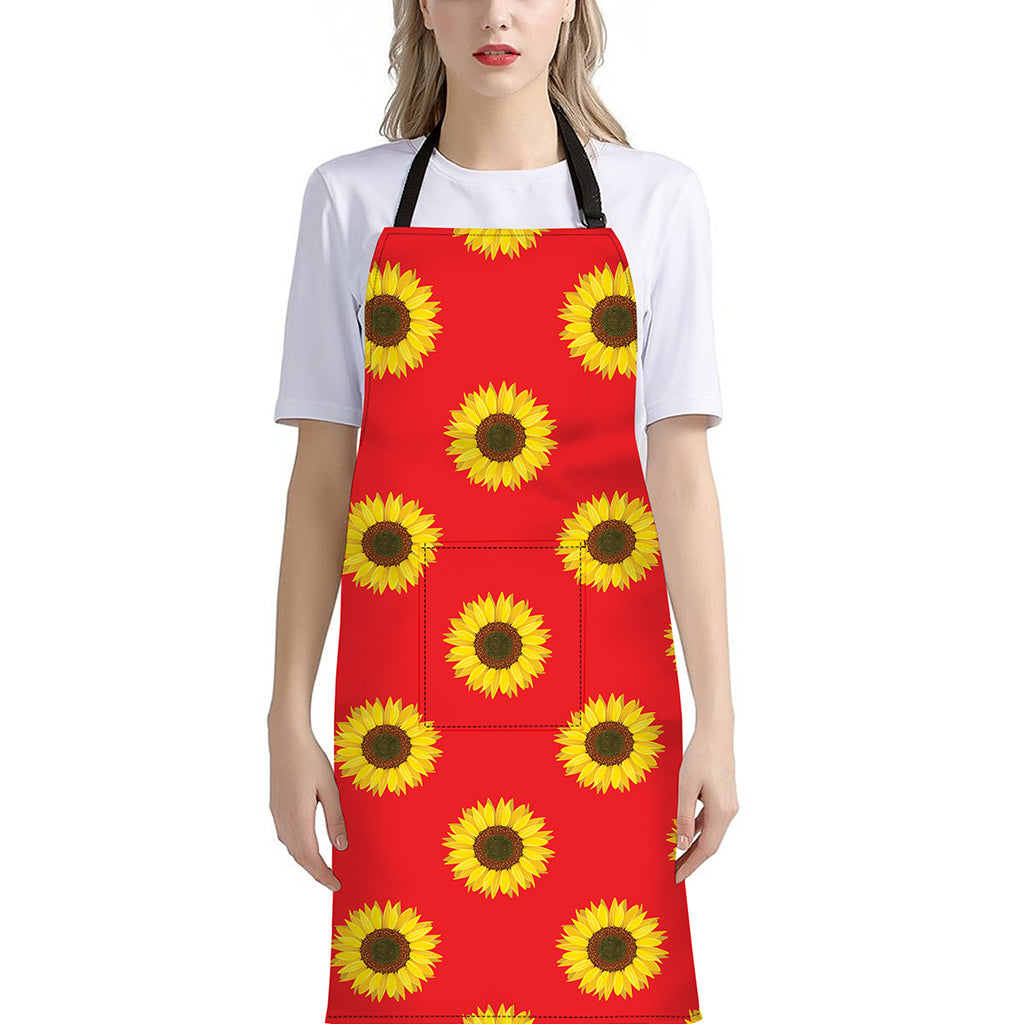 Red Sunflower Pattern Print Bib Apron With Pocket