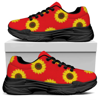 Red Sunflower Pattern Print Black Chunky Shoes