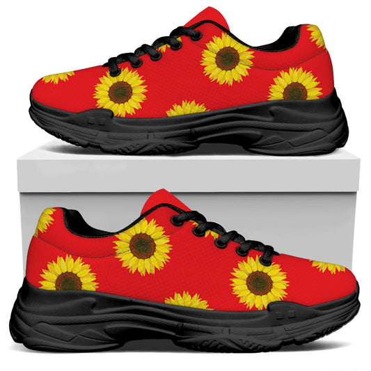Red Sunflower Pattern Print Black Chunky Shoes