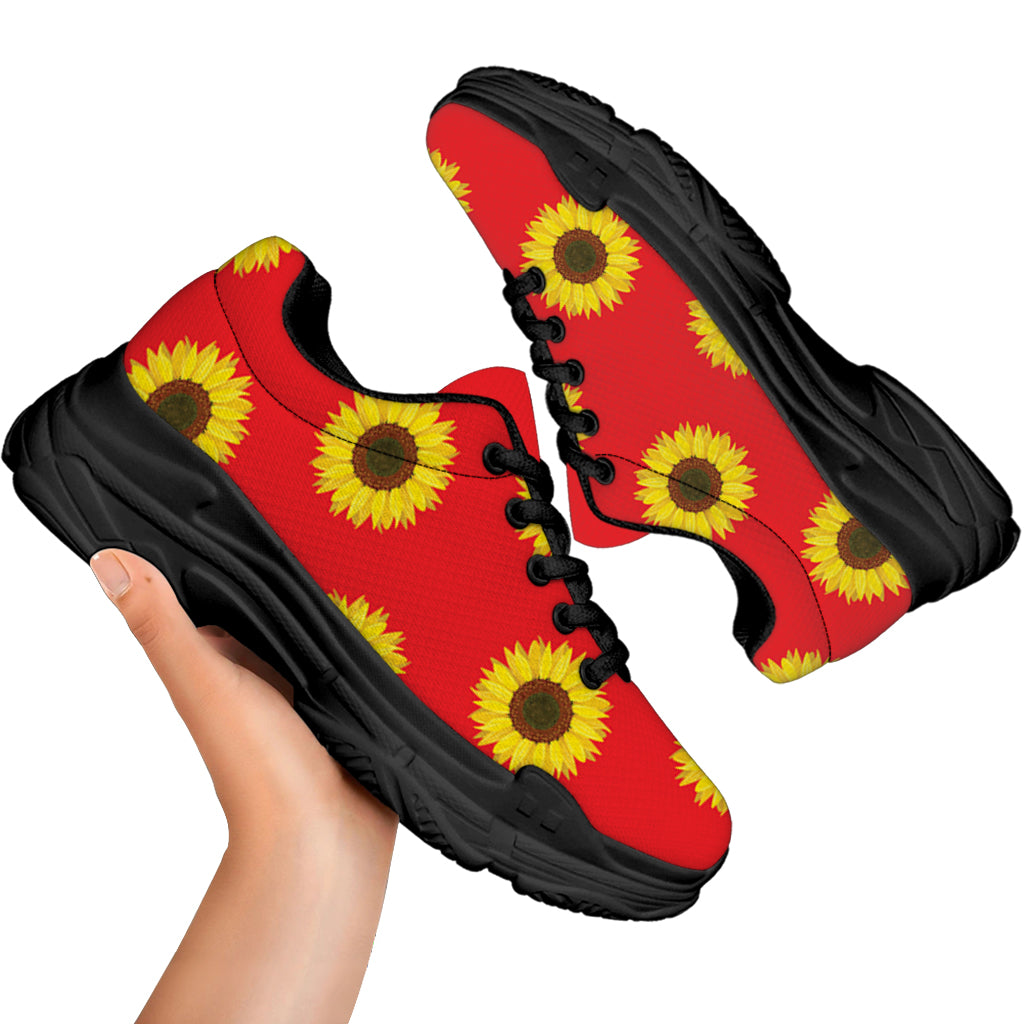 Red Sunflower Pattern Print Black Chunky Shoes