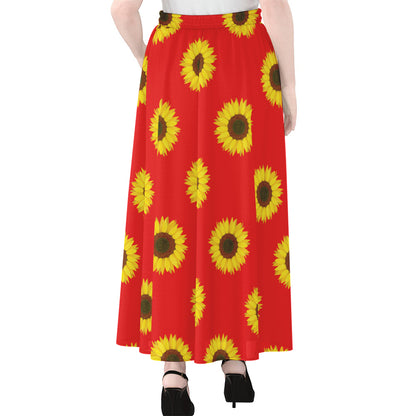 Red Sunflower Pattern Print Chiffon Maxi Skirt