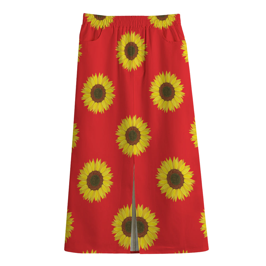 Red Sunflower Pattern Print Cotton Front Slit Maxi Skirt