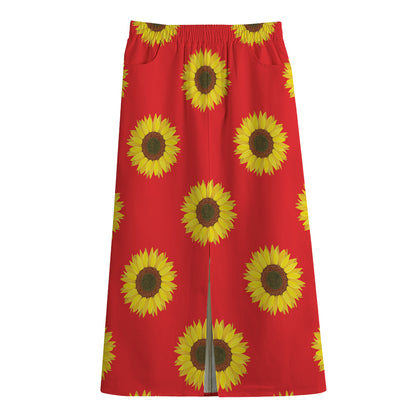 Red Sunflower Pattern Print Cotton Front Slit Maxi Skirt