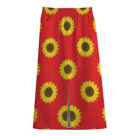 Red Sunflower Pattern Print Cotton Front Slit Maxi Skirt