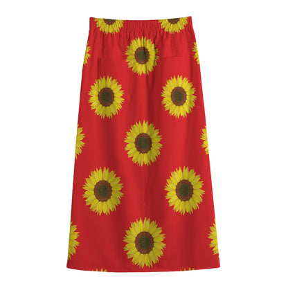 Red Sunflower Pattern Print Cotton Front Slit Maxi Skirt