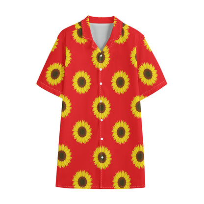 Red Sunflower Pattern Print Cotton Hawaiian Shirt