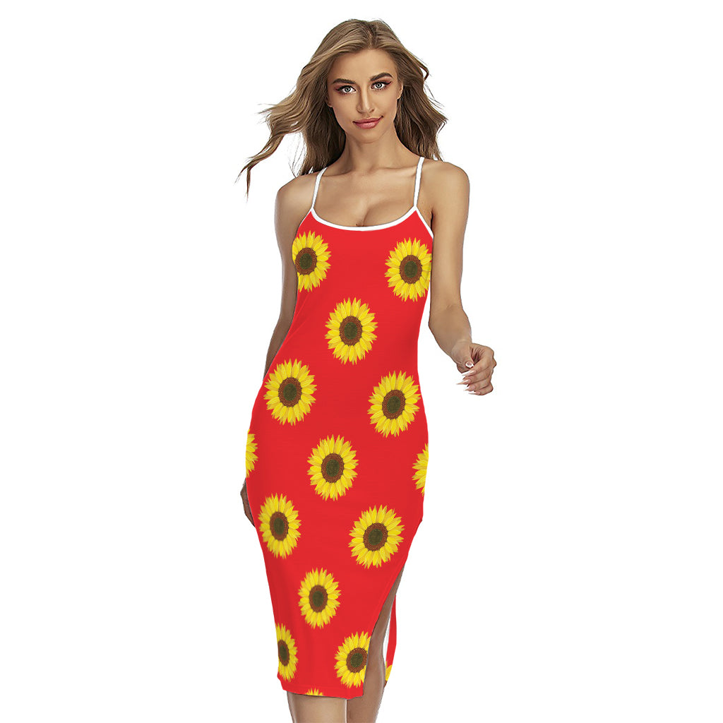 Red Sunflower Pattern Print Cross Back Cami Dress