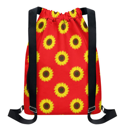 Red Sunflower Pattern Print Drawstring Backpack
