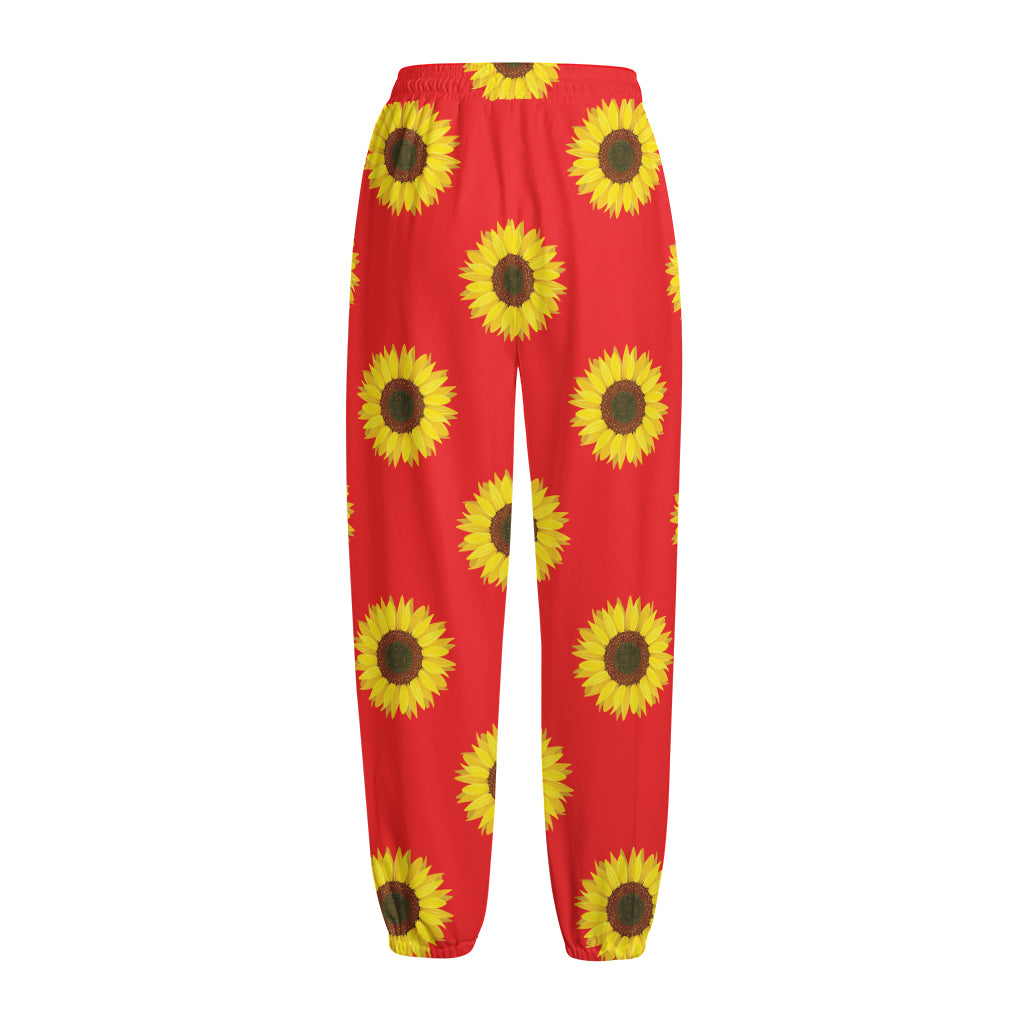 Red Sunflower Pattern Print Fleece Lined Knit Pants